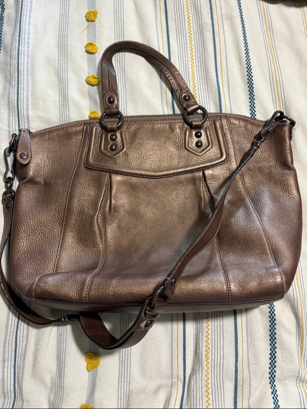 COACH Metallic Bronze Pebbled Leather Tote with Top Handles and shoulder strap - Picture 5 of 12